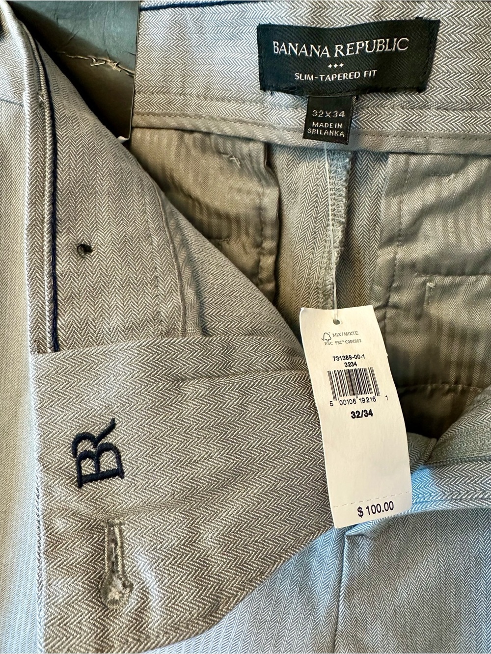 Banana Republic Grayson Slim Tapered Pants Gray Herringbone 32x34 NWT $100
